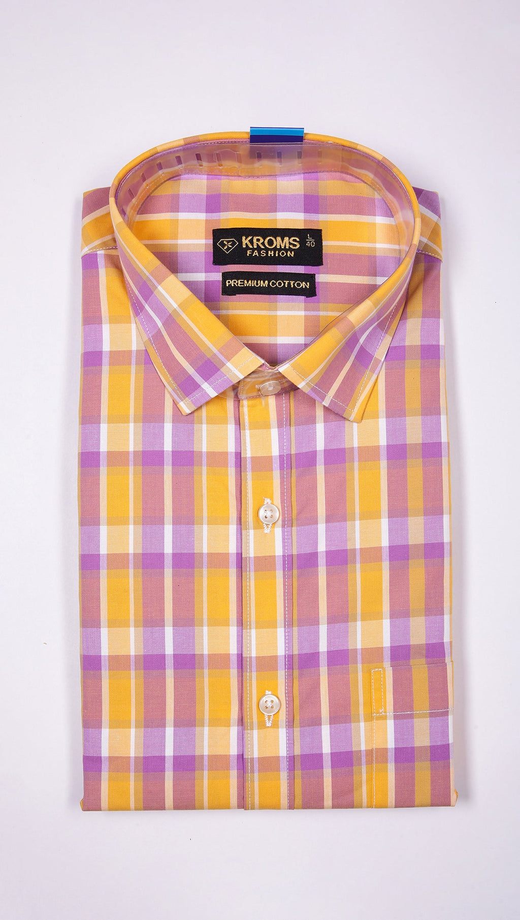 Kroms fashion men shirt Yellow and Purple checked kroms fashion