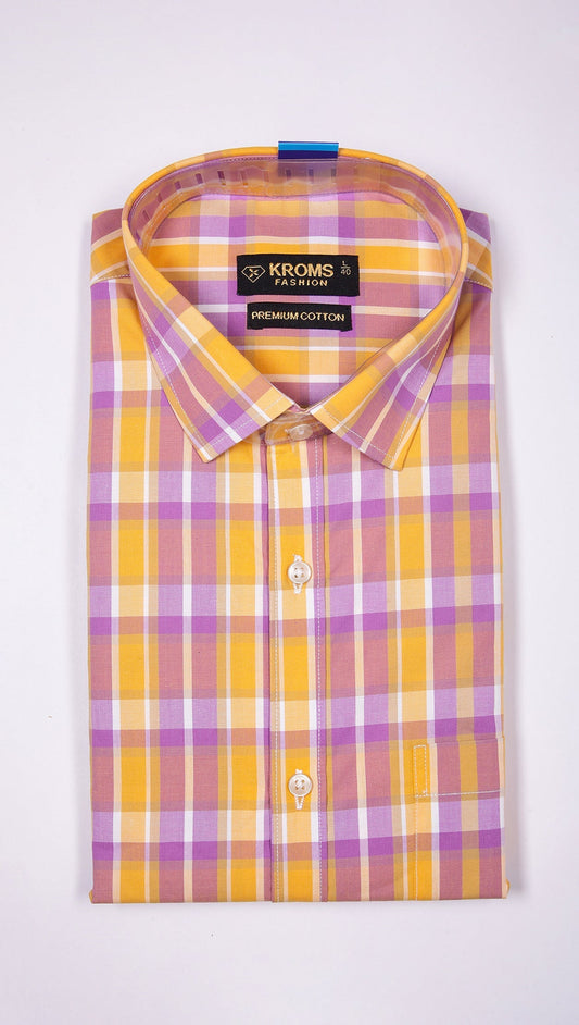 Kroms fashion men shirt Yellow and Purple checked kroms fashion