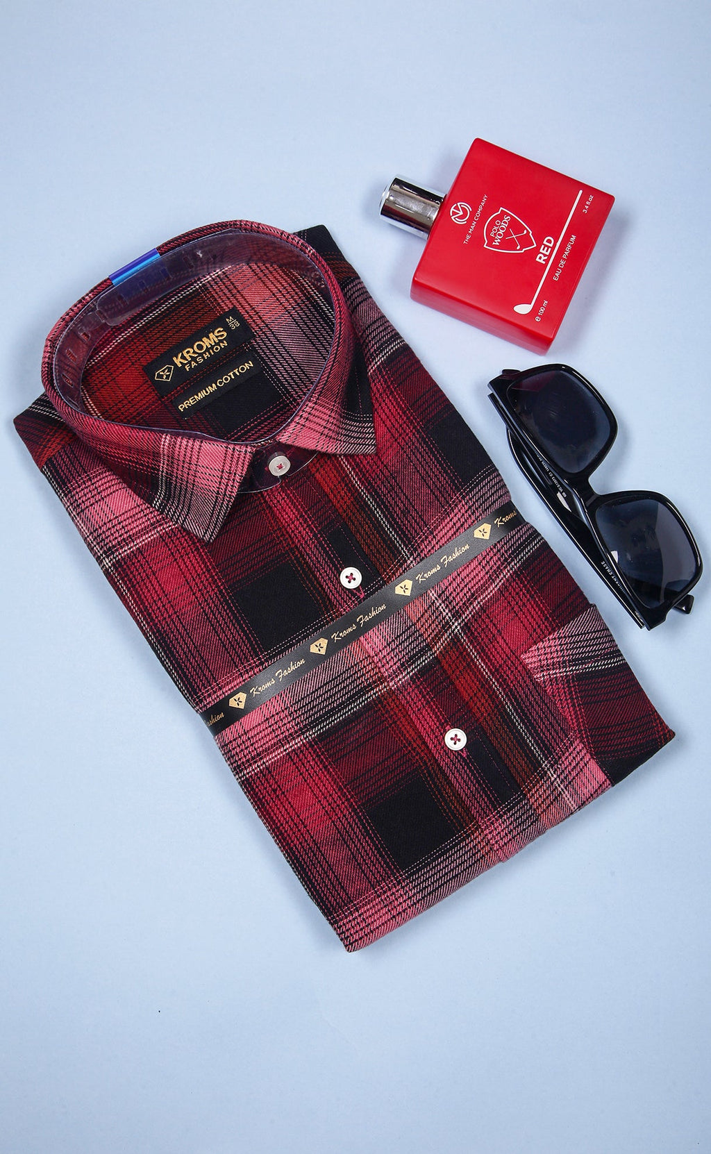 Kroms fashion men shirt Wine Red Checked kroms fashion