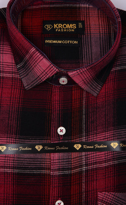 Kroms fashion men shirt Wine Red Checked kroms fashion