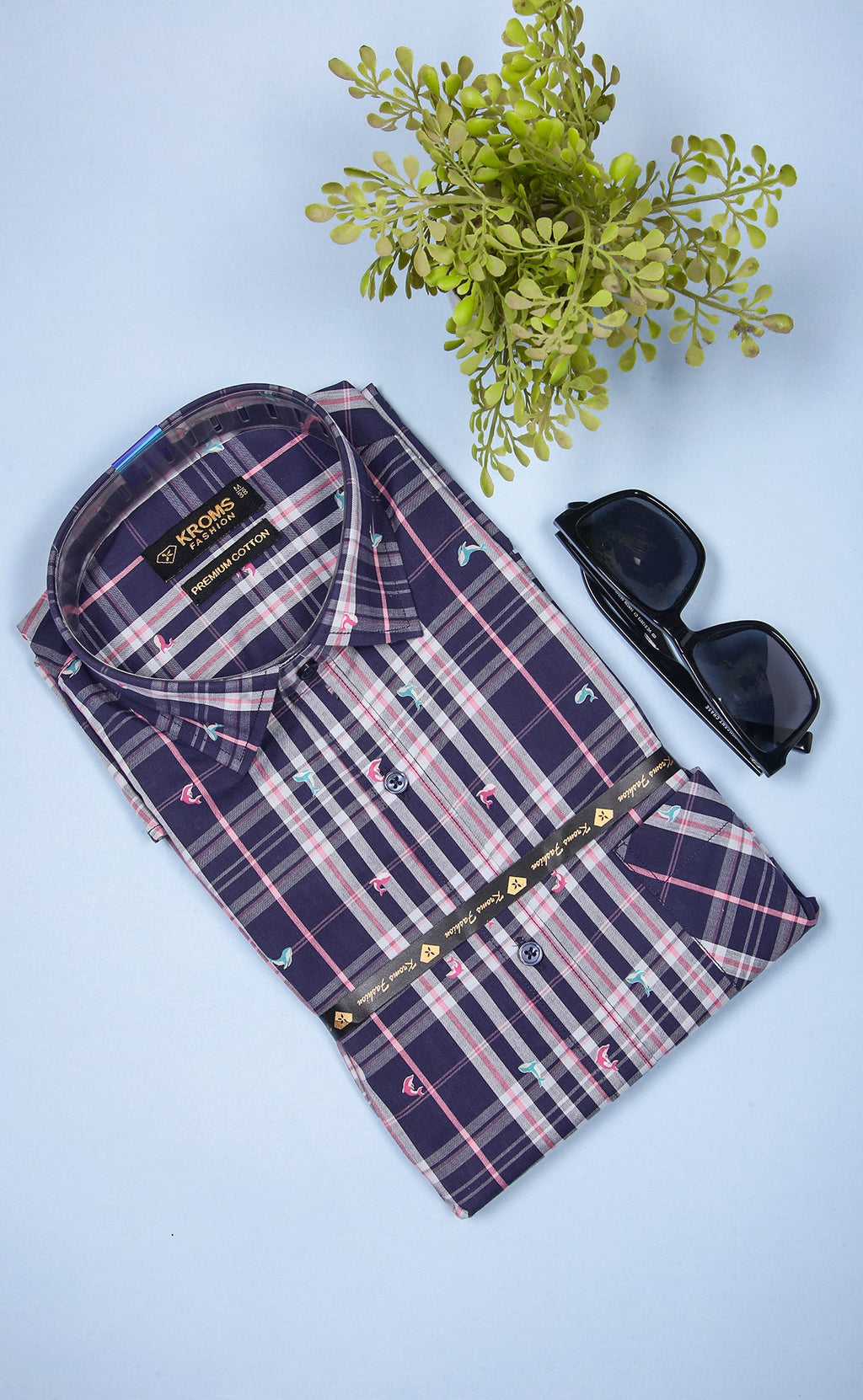 kroms fashion men shirts Black Purple checked kroms fashion