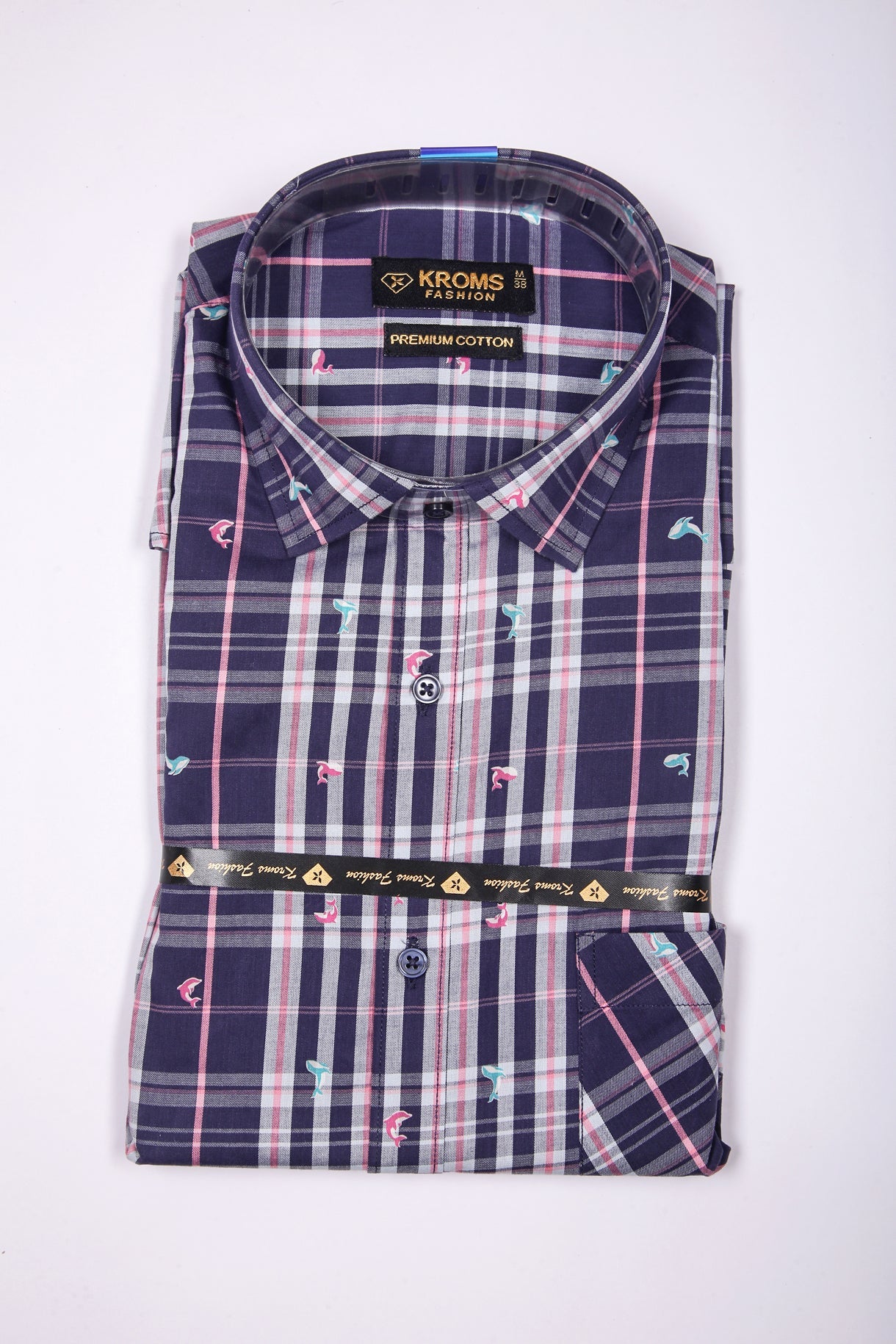 kroms fashion men shirts Black Purple checked kroms fashion