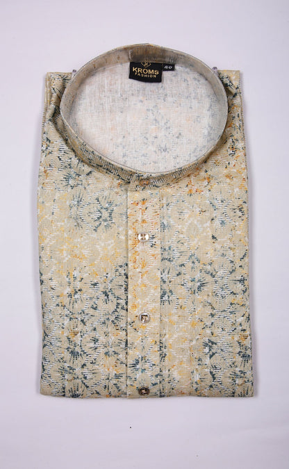Kroms fashion men digital printed kurta sophisticated yellow and blue color cotton kurta kromsFashion