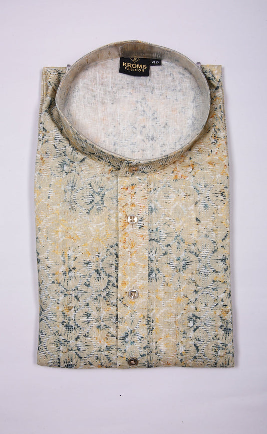 Kroms fashion men digital printed kurta sophisticated yellow and blue color cotton kurta kromsFashion