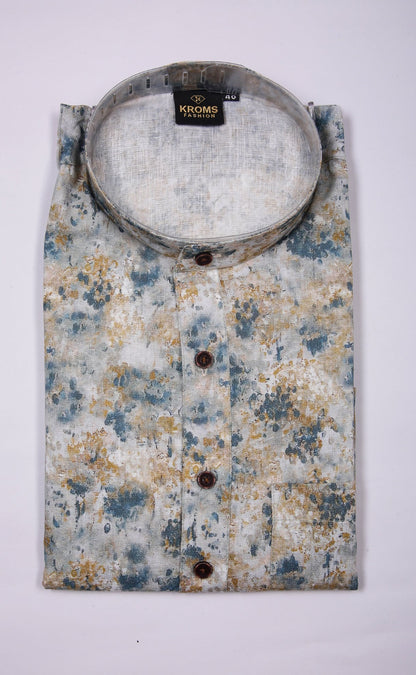 Kroms fashion men digital printed light yellow and blue kurta kromsFashion