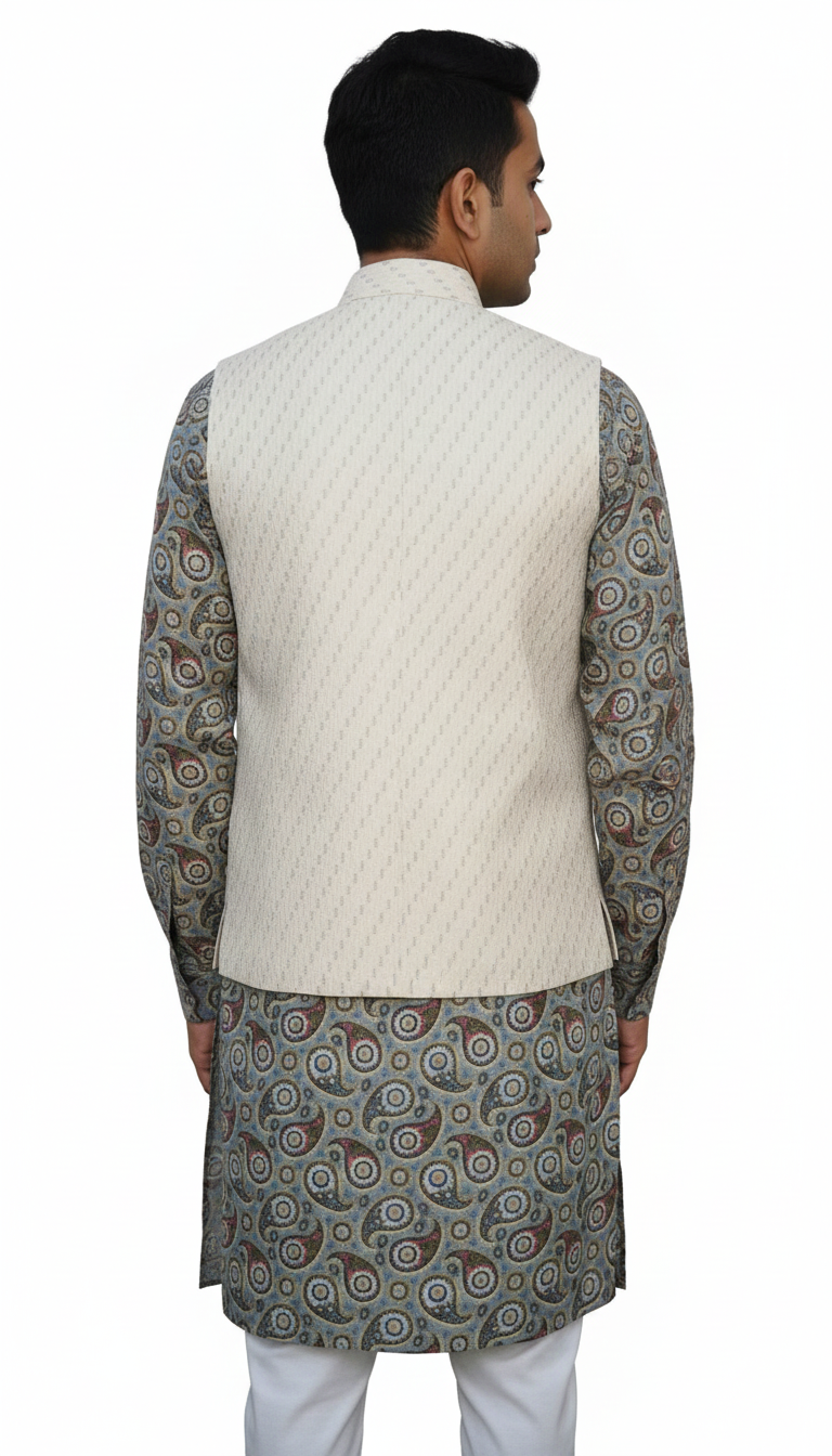 Men Nehru Jacket White Shimmer Slant Line kroms fashion