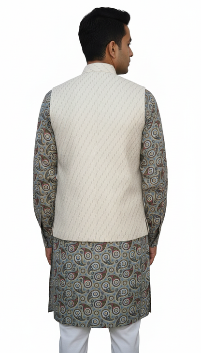 Men Nehru Jacket White Shimmer Slant Line kroms fashion