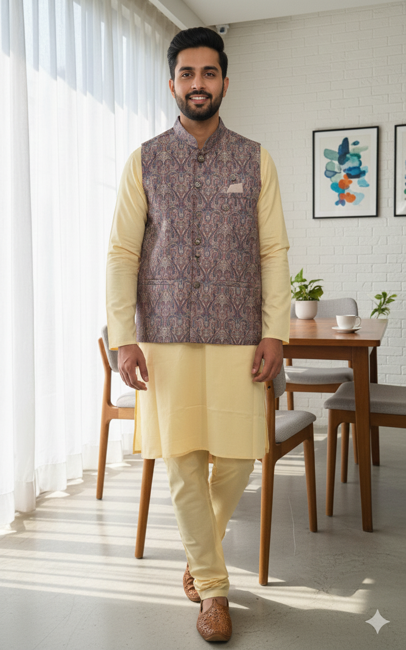 Men Nehru Jacket Beige Color kroms fashion