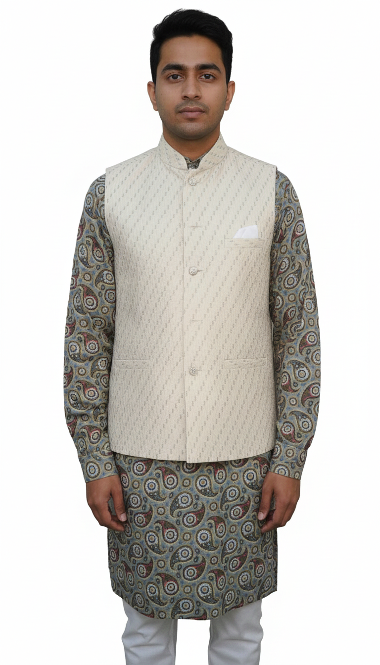 Men Nehru Jacket White Shimmer Slant Line kroms fashion