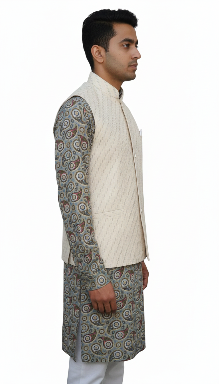 Men Nehru Jacket White Shimmer Slant Line kroms fashion
