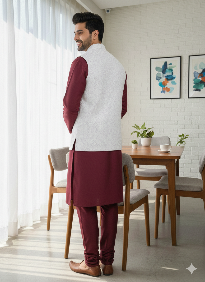 Kroms Fashion Men Nehru Jacket White Shimmer kromsFashion