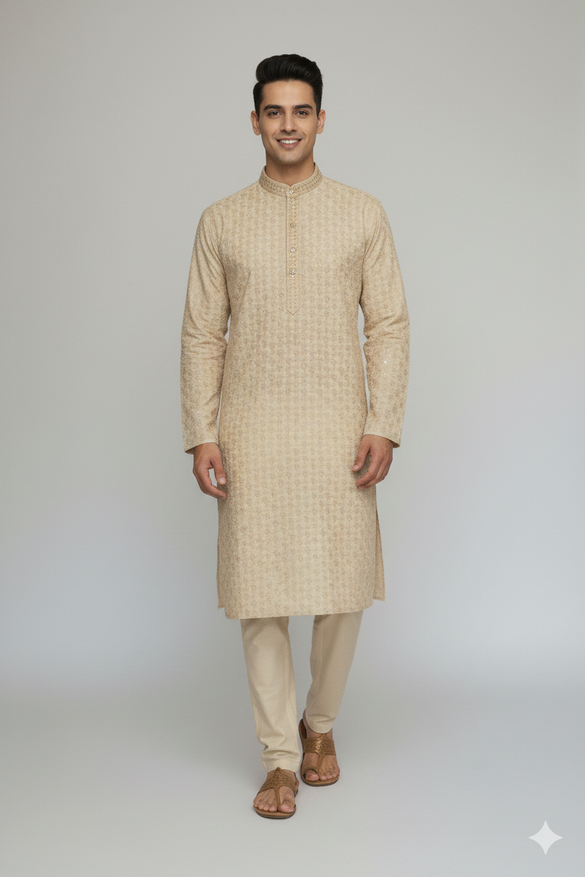 Kroms Fashion Men Sequin Kurta Chikoo Color kromsFashion